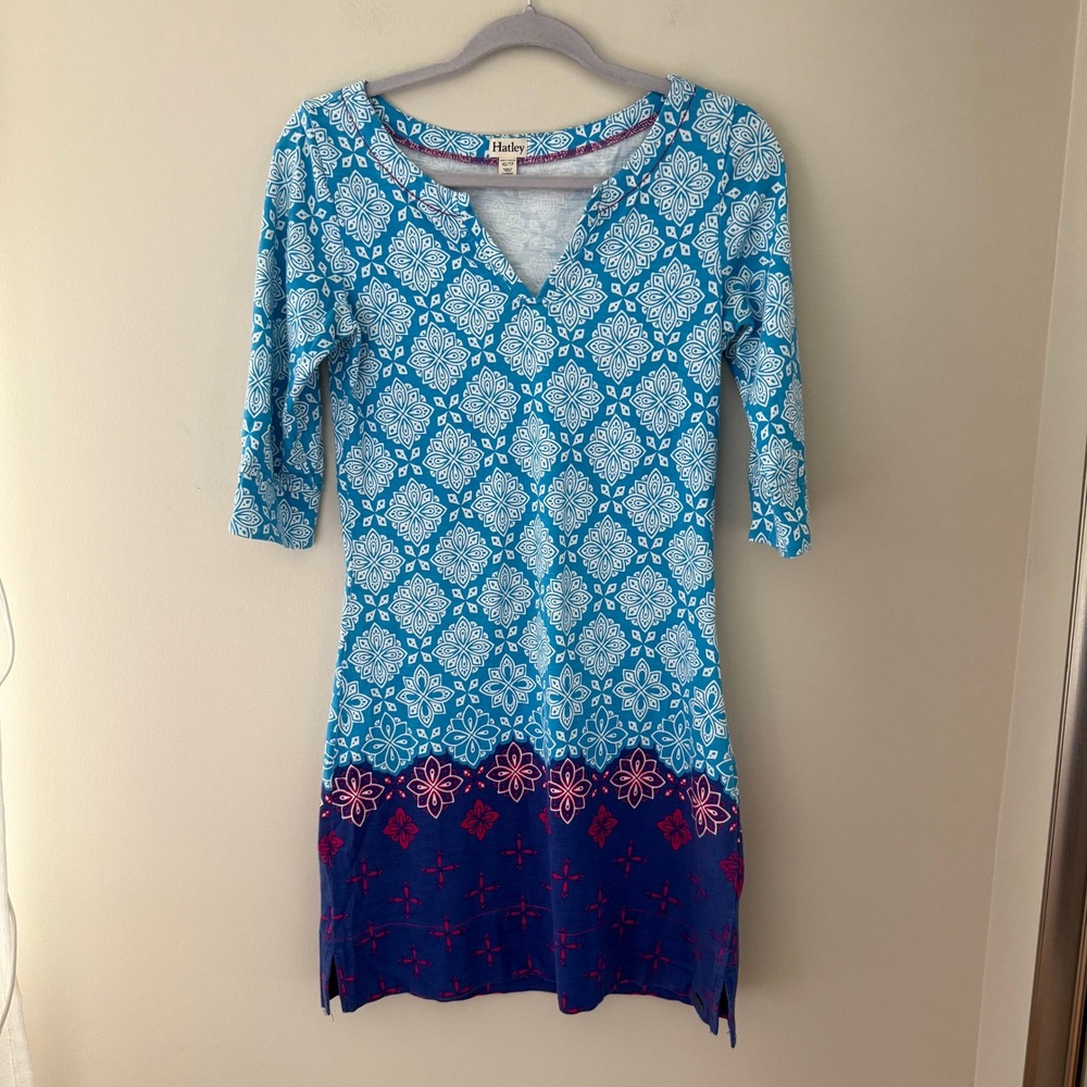 Hatley Womens XS Blue White Geometric Tile Print Cotton 3/4 Sleeve V-Neck Dress